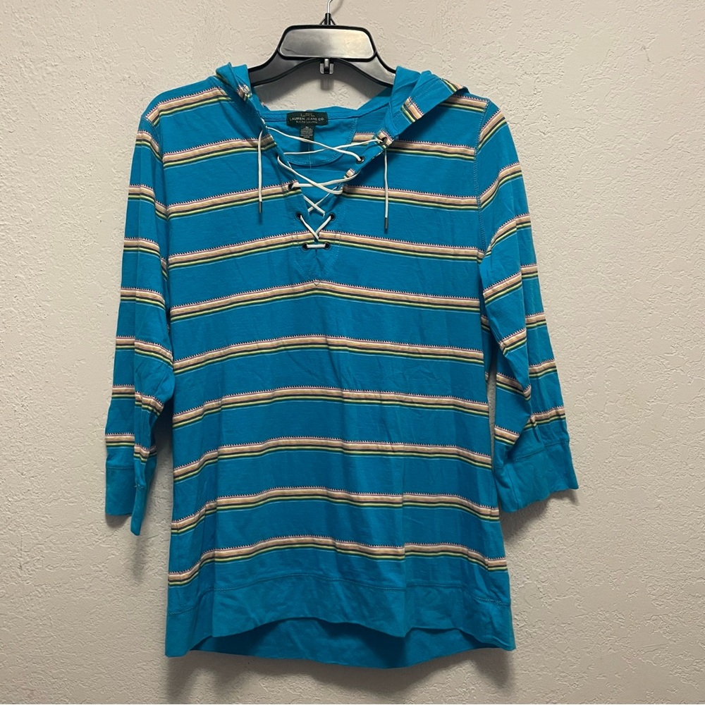 LRL Lauren Jeans Co Women’s Turquoise Striped Pullover Hooded 3/4 Sleeve Top XL